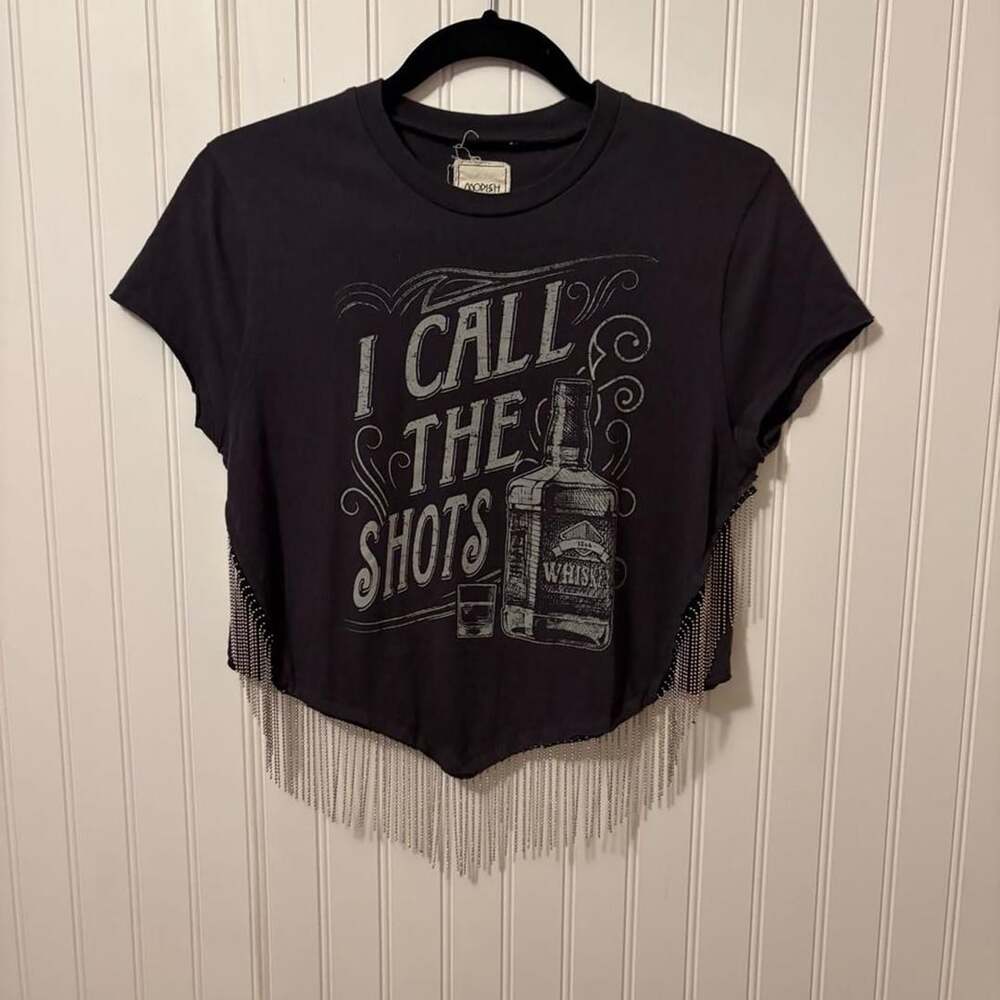 I Call the Shots Whiskey Chain Fringe V Cut Crop Tee XS